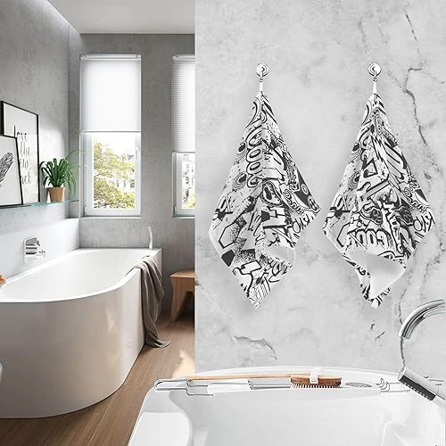 Miniatura 7 de Kigai Juego de 2 toallas de mano con graffiti blanco y negro, altamente absorbentes, de algodón suave, toalla decorativa para baño, para playa,