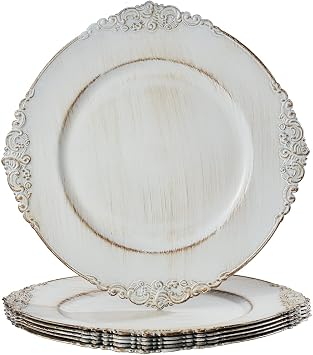 MAONAME Antique White Charger Plates, Round Antique Plate Chargers for Dinner Plate, 13" Plastic Charger for Plates, Wedding Table Setting, Set of 6