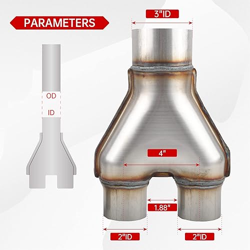 Miniatura 2 de Tubo en Y de acero inoxidable T409 3 pulgadas ID individual a 2 pulgadas ID Conector adaptador de escape con sello doble, longitud total aprox. 10