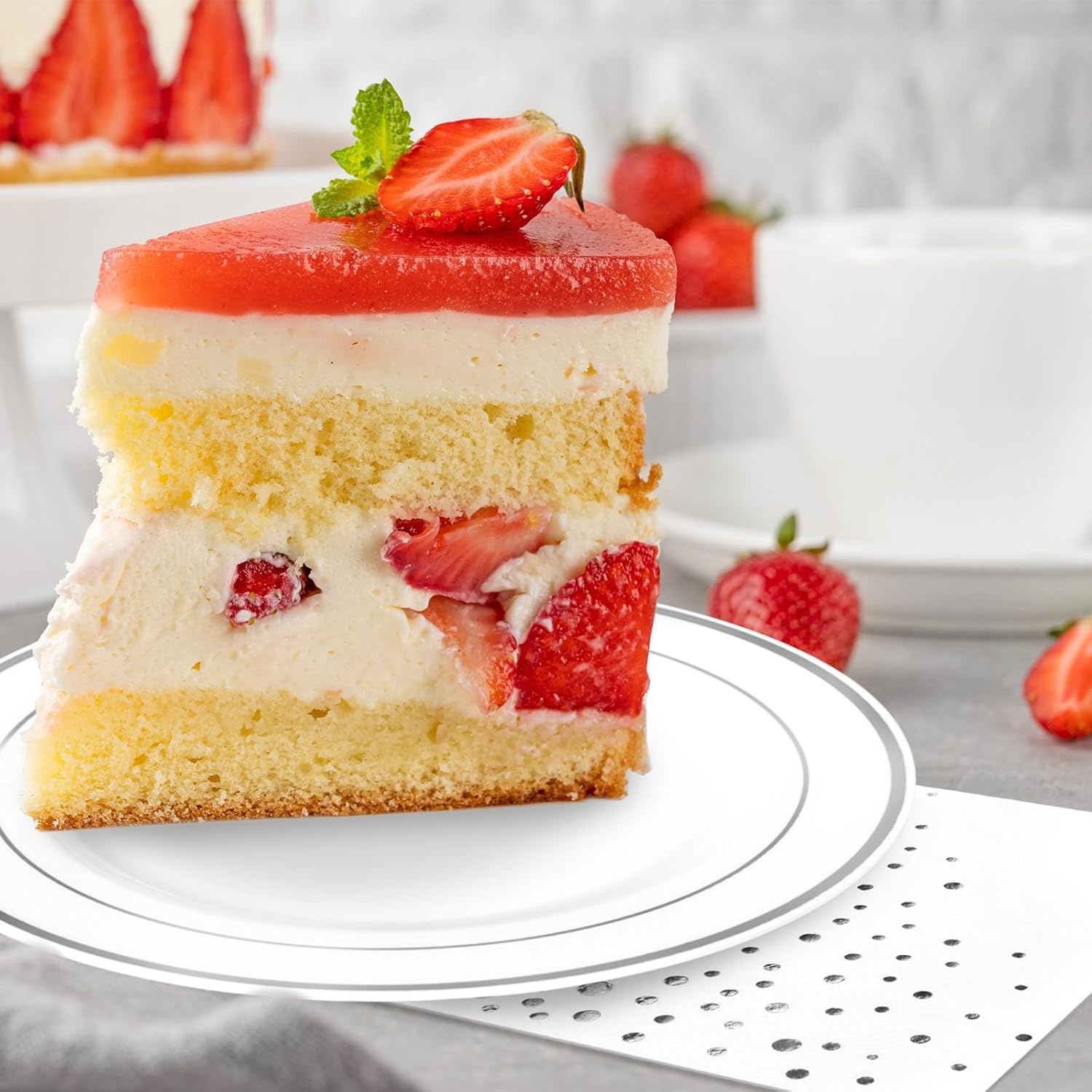 Stylish 7.5 Inch Silver Cake Plates with Disposable Forks and Cocktail Napkins (100 Set) - Small Appetizer Plates - Silver Plastic Dessert Plates - Plastic Cake Plates for Wedding Reception - Image 3