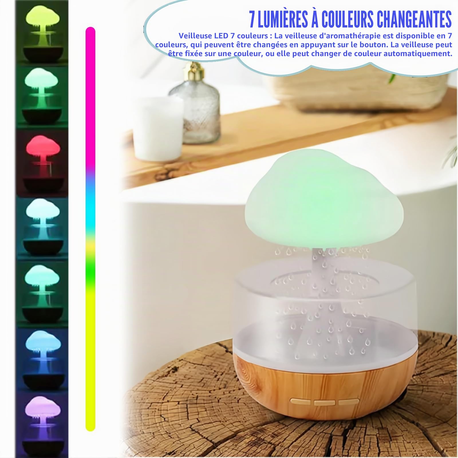 Nuages de pluie Humidificateur avec veilleuse : fontaine à eau nuageuse 3 en 1, diffuseur d'huiles essentielles, 7 couleurs veilleuse, bureau, table