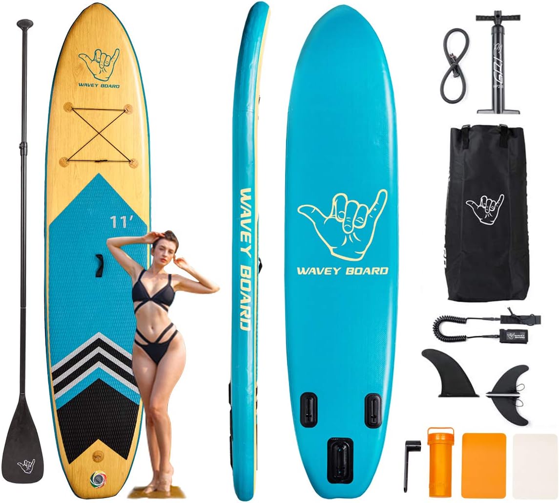 WAVEY BOARD Inflatable 10' Stand Up Paddle Board for Adult Premium SUP Blow up Paddle Board for Youth Kids Fishing (6" Thick) with ISUP Accessories Backpack Bag, Pump, Adjustable Paddle