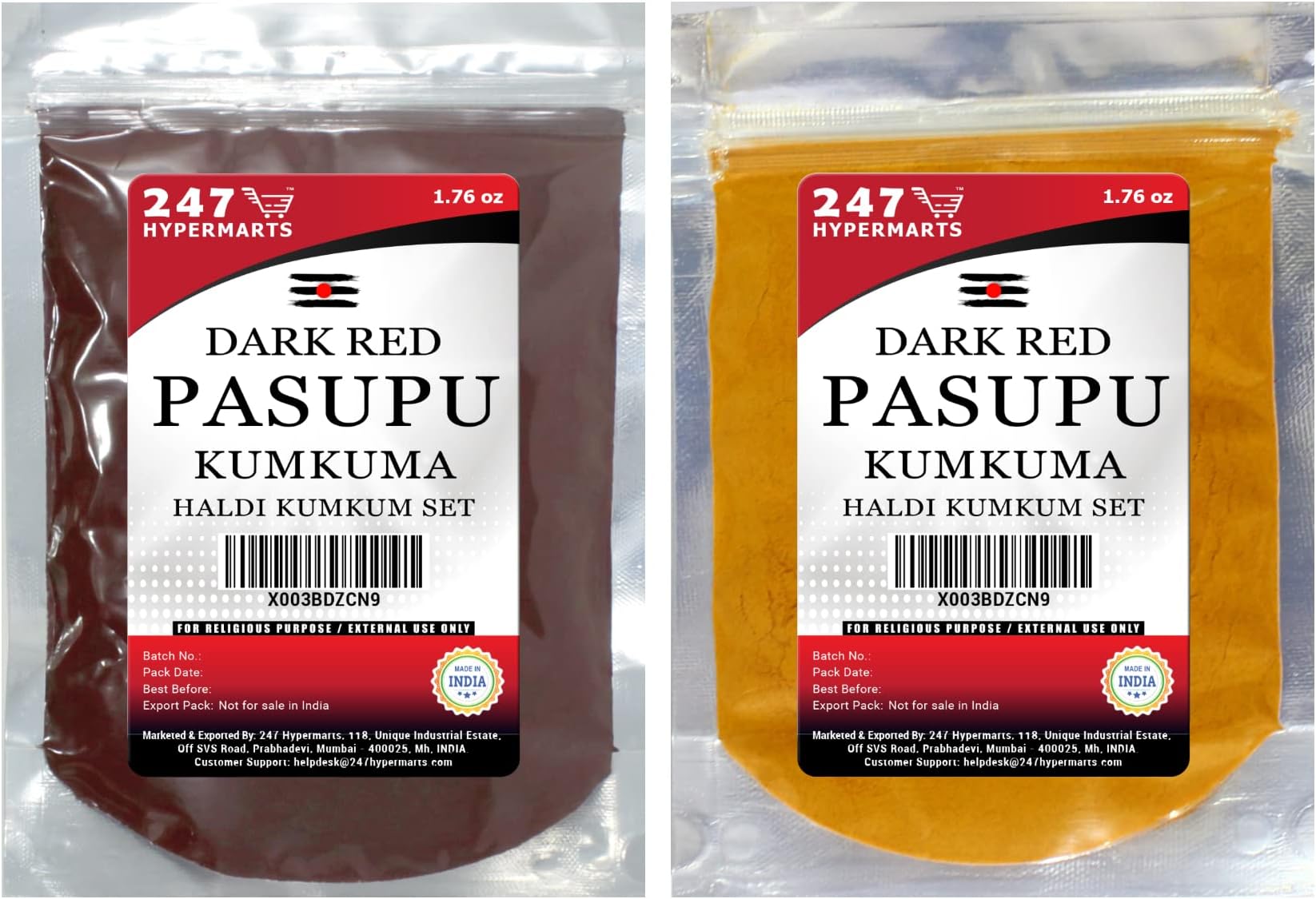 247 Hypermarts Pasupu Kumkuma Pack (Haldi 50g + Dark Red Kumkum 50g) Tamboolam Haldi Kumkum Packets. Thamboolam Set, Kumkum Turmeric Combo Set Return Gift.