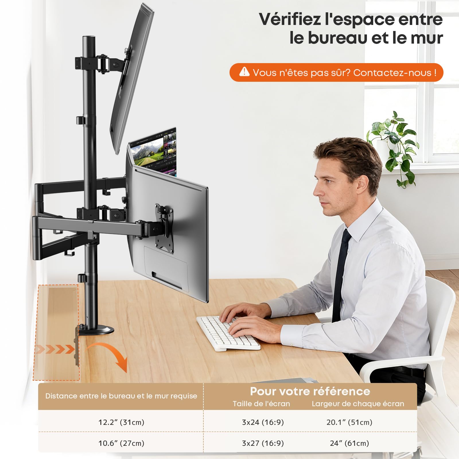 Support pour 4 Moniteurs 17"-27", Support de Bureau Réglable pour Écrans LCD LED, Montage Vertical, Poids Max 10 kg par Bras, VESA 75/100, Noir