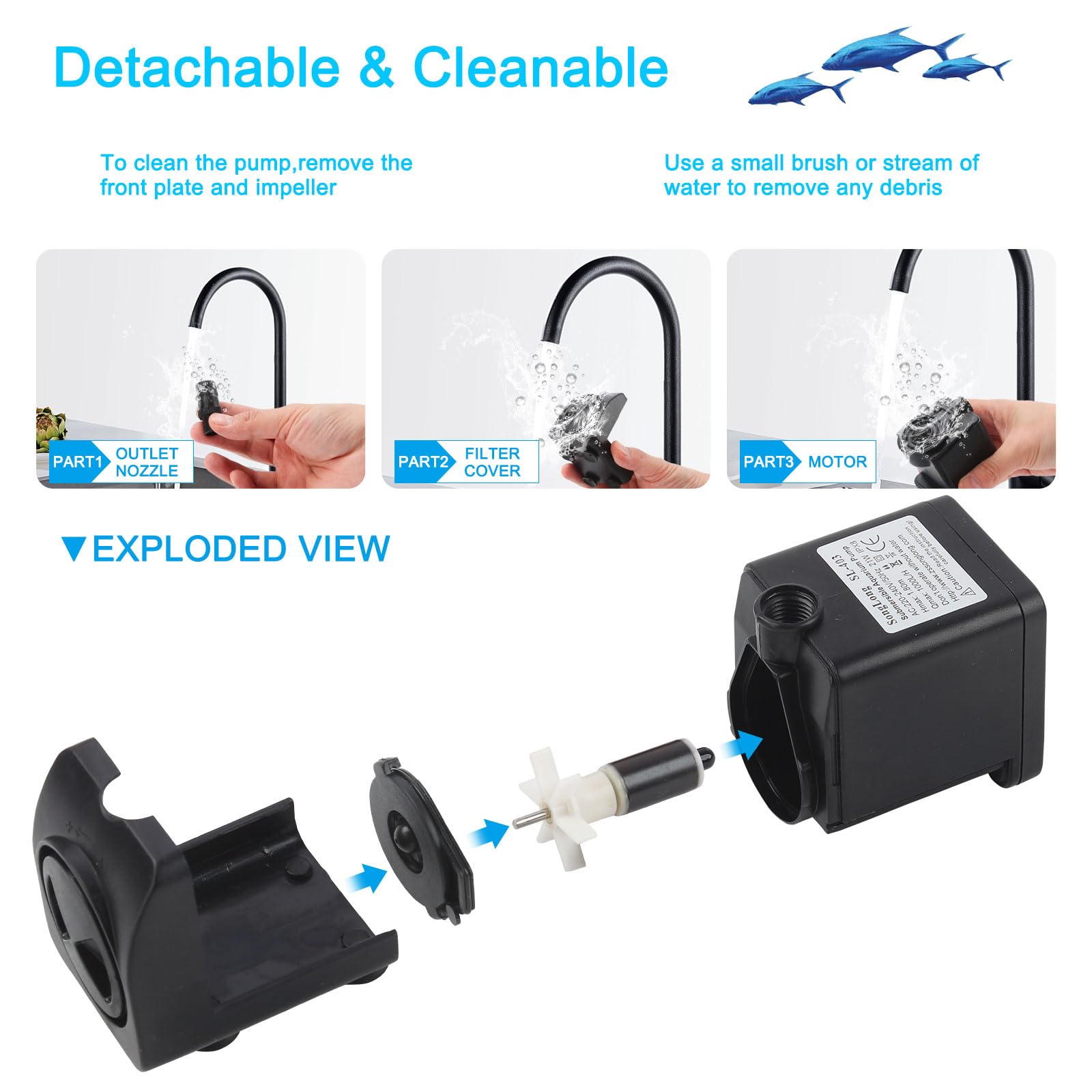 Discoball Submersible Water Pump 21W 260GPH 1000L/H Ultra-Quiet Mini Fountain Water Pump with 2 Nozzles Replacement Pump for Pet Fountain Aquarium Fish Tank Pool Garden Features Statuary Hydroponics - Image 4