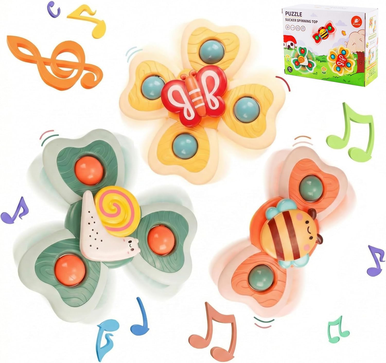 Baby Suction Cup Toy Set of 3 - Bathtub and Table Toy with Spinner, Ages 3+ Months