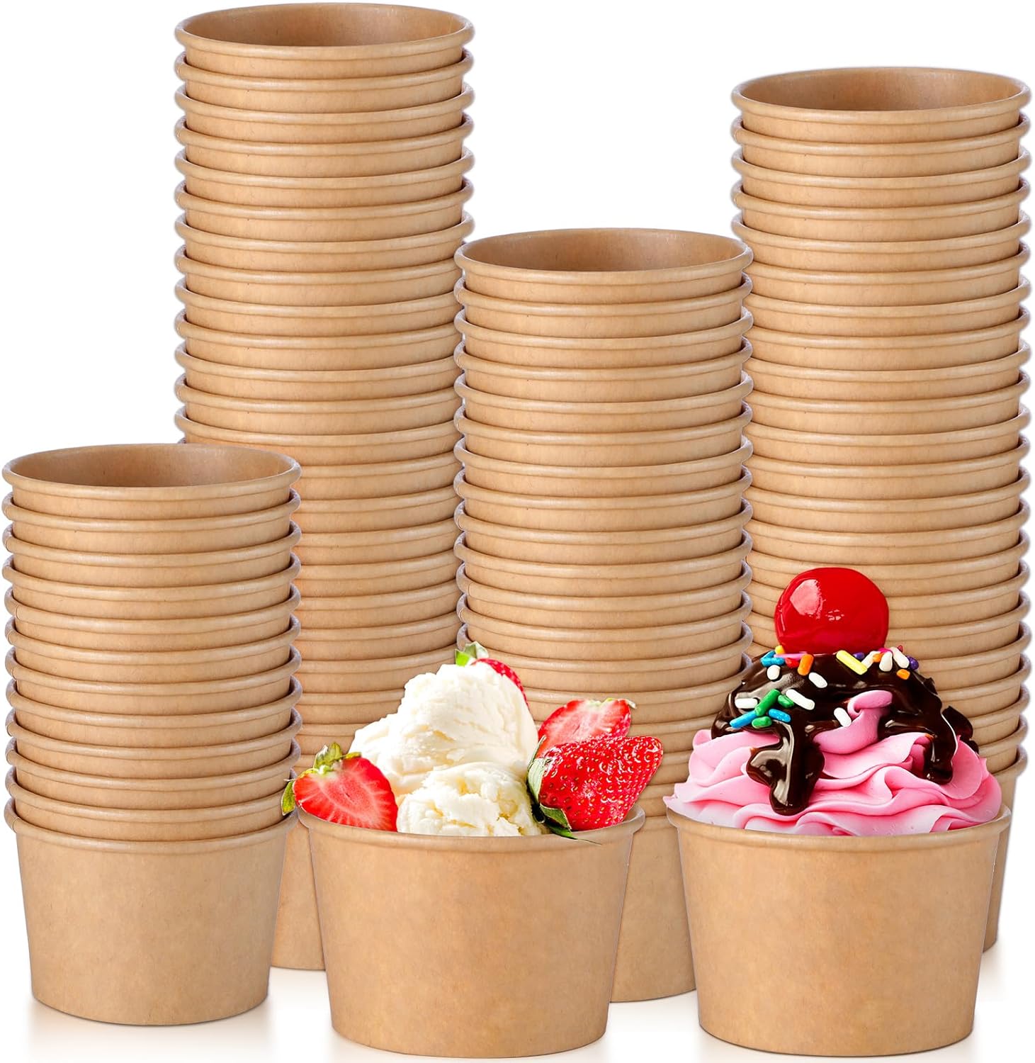 Honeydak 100 Pieces Ice Cream Soup Cups Paper 12 oz Disposable Sundae Bowls Kraft Paper Hot Cold Snack Yogurt Dessert Small Cups for Ice Cream Baby Shower Party Supplies, Brown Disposable Bowls