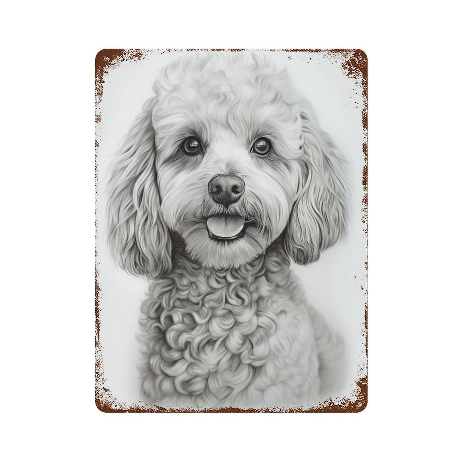 Aged Metal Wall Plaque with White Poodle Drawing Design 15.7"x11.8", for Garage, Bar And Workshop Decor, Rustic Home Decor