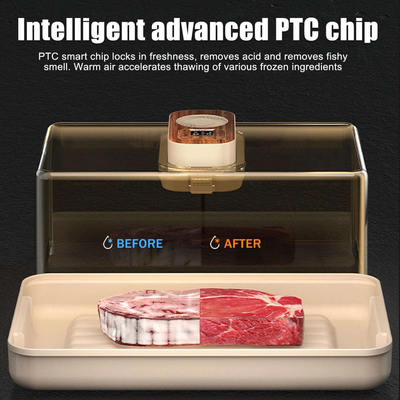 Bandeja de descongelación eléctrica, tabla de descongelación de carne de 19 L con temporizador inteligente, velocidad del viento y control de temperatura, descongelación inteligente multimodo para una