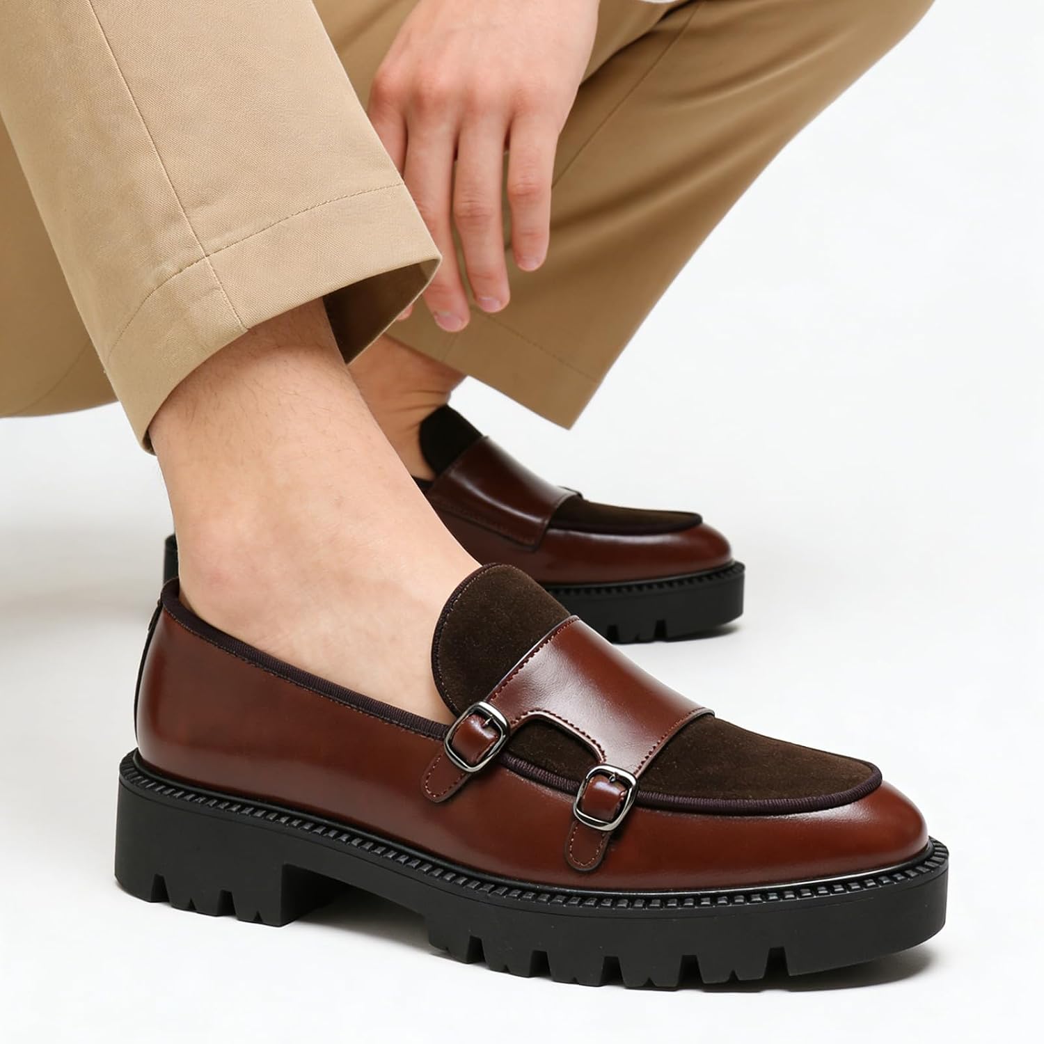 Men's Suede Leather Platform Loafers Fashion Round Toe Double Monk Leather Shoe Comfort Slip On Business Dress Shoes for Wedding Office Formal