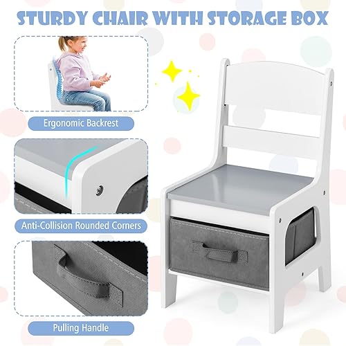 Miniatura 5 de HONEY JOY Mesa y sillas para niños, juego de actividades de madera 3 en 1 con almacenamiento, mesa desmontable, para arte, manualidades, dibujo,
