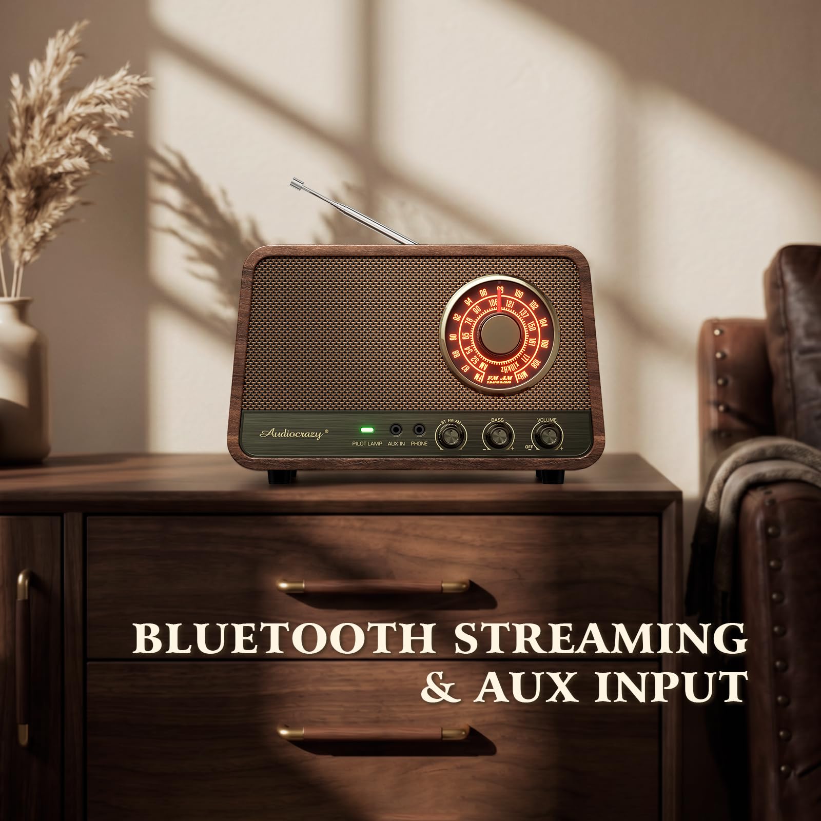 Radio Bluetooth AM FM vintage en bois avec son puissant de 10 W, haut-parleur Bluetooth rétro avec cadran ambré, contrôle des basses, entrée auxiliaire, prise casque, pour