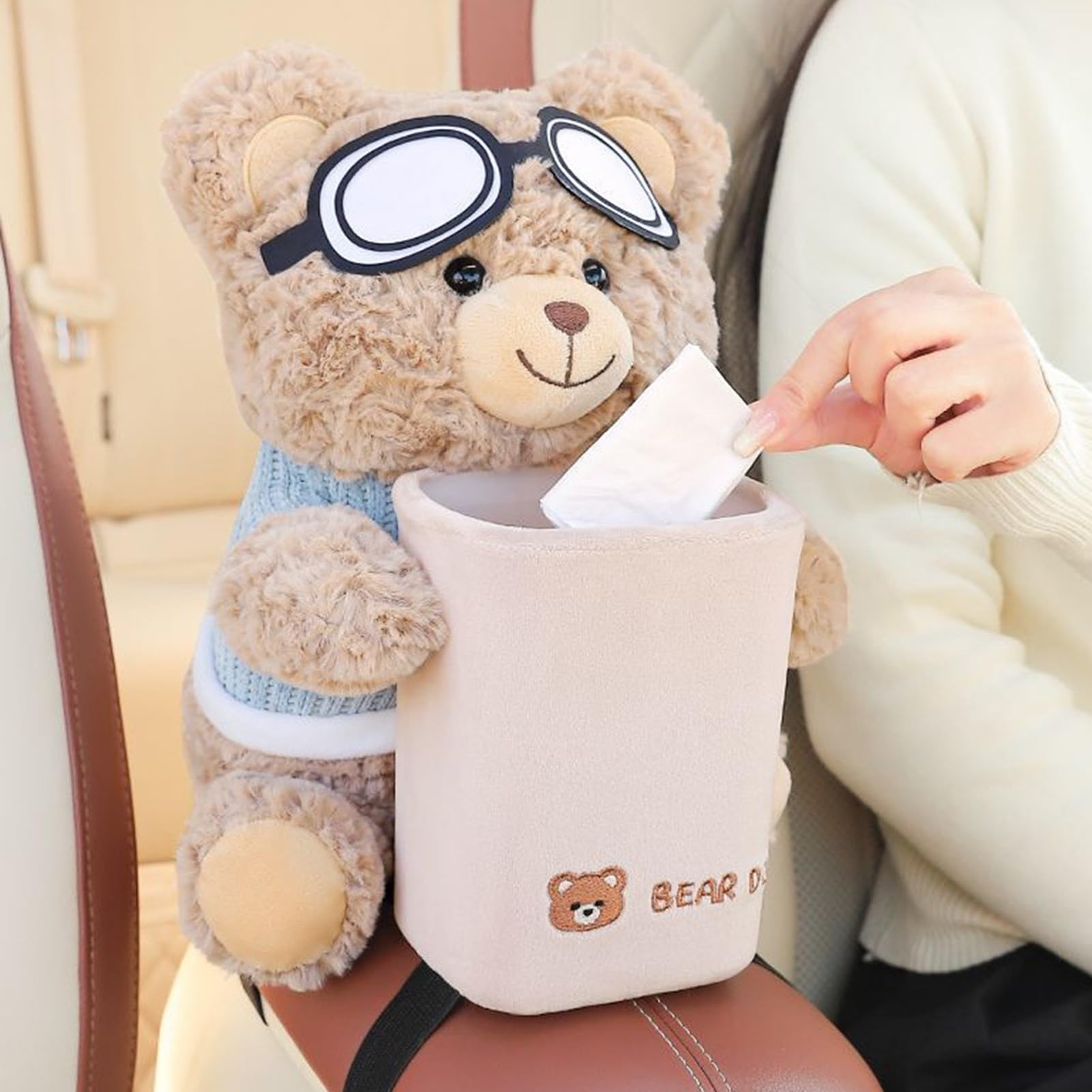 Porte-mouchoirs et poubelle en peluche mignon en forme d'ours 2 en 1 avec lunettes d'aviateur, imperméable, beige, 25 x 22 x 28 cm