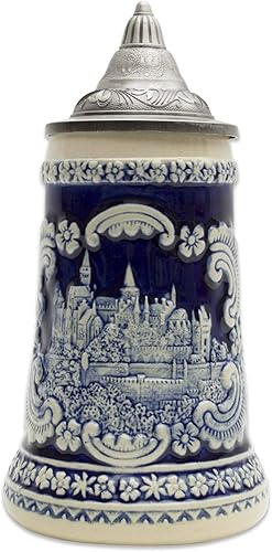 OktoberfestHaus - Jarra de cerveza con tapa de Schloss alemán (castillo), color azul cobalto, pintada a mano, grabada, jarras de cerveza, jarras de