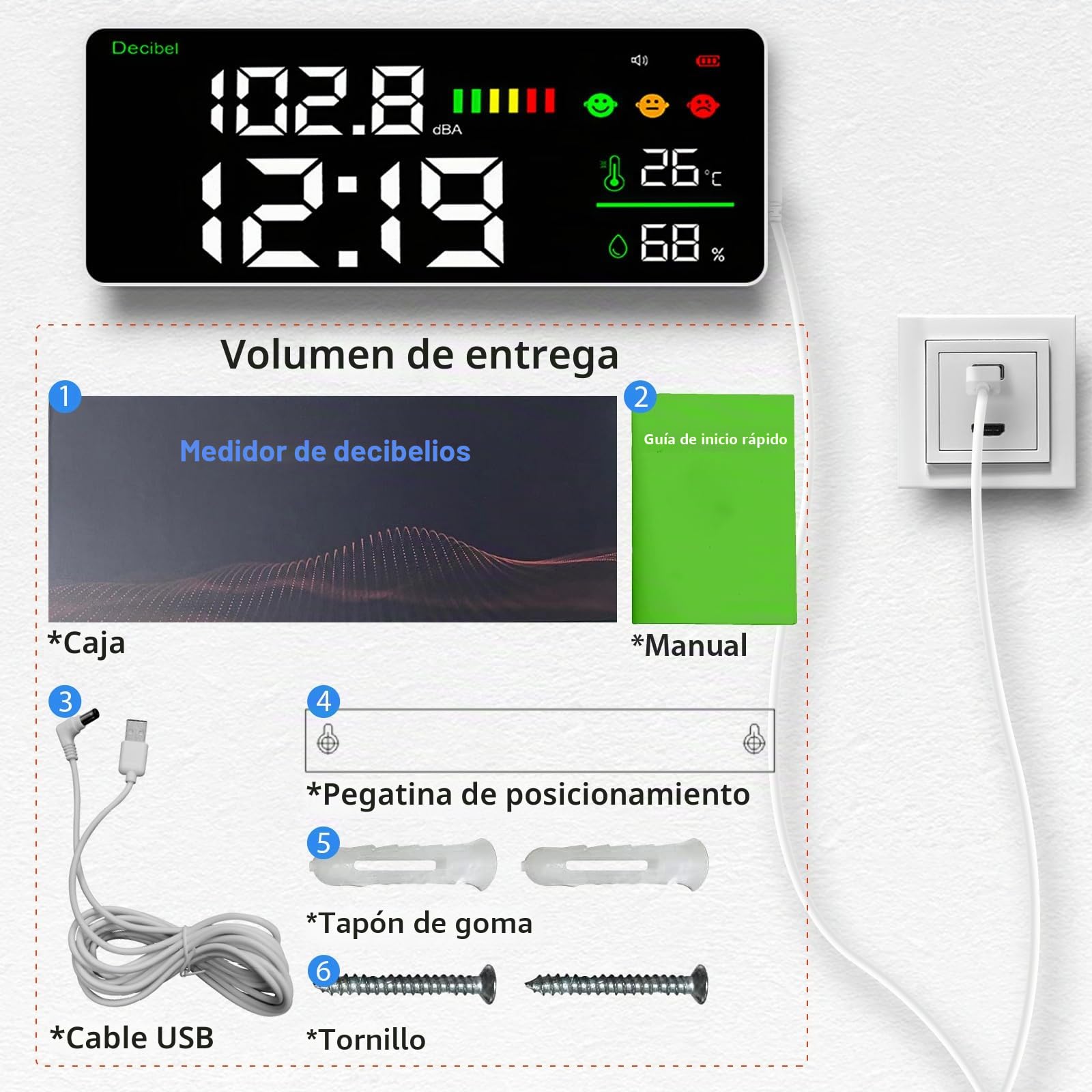 Medidor de Nivel de Sonido de Pared de 30 a 130 dB con Alarma, Medidor de Nivel de Sonido 11" LED Decibelios/Temperatura/Humedad/Tiempo, Decibelímetros Medidor de Ruido Recargable y Cable USB