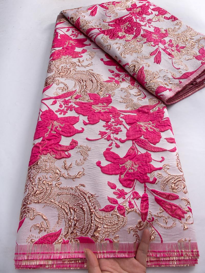 African Lace Fabric 5 Yards Floral Jacquard Embroidery with Gold Foil Craft, Wedding Dress Gown Fabric (Pink)