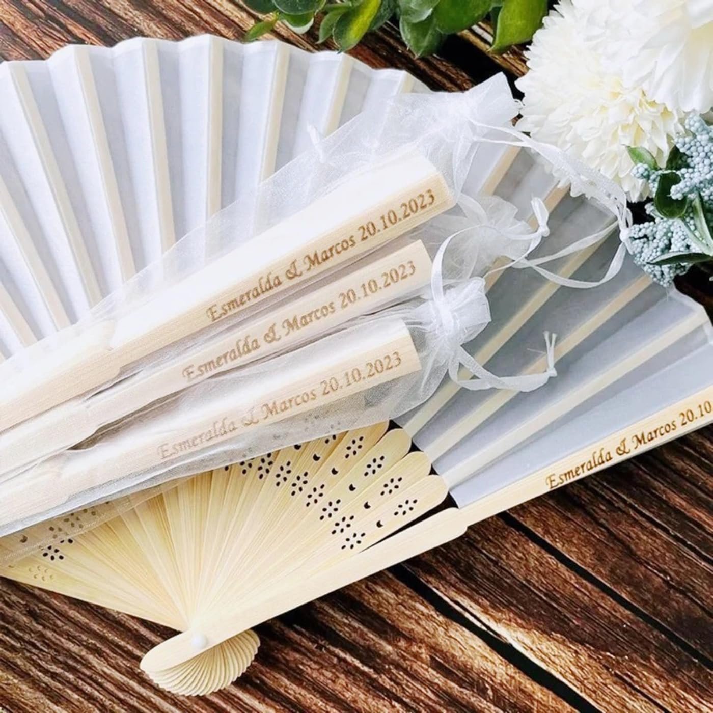 Personalized Wedding Fan,Custom Printing Handheld Folding Fans, Come with Organza Bag,Bridal Shower,Baby Christening (80pcs)