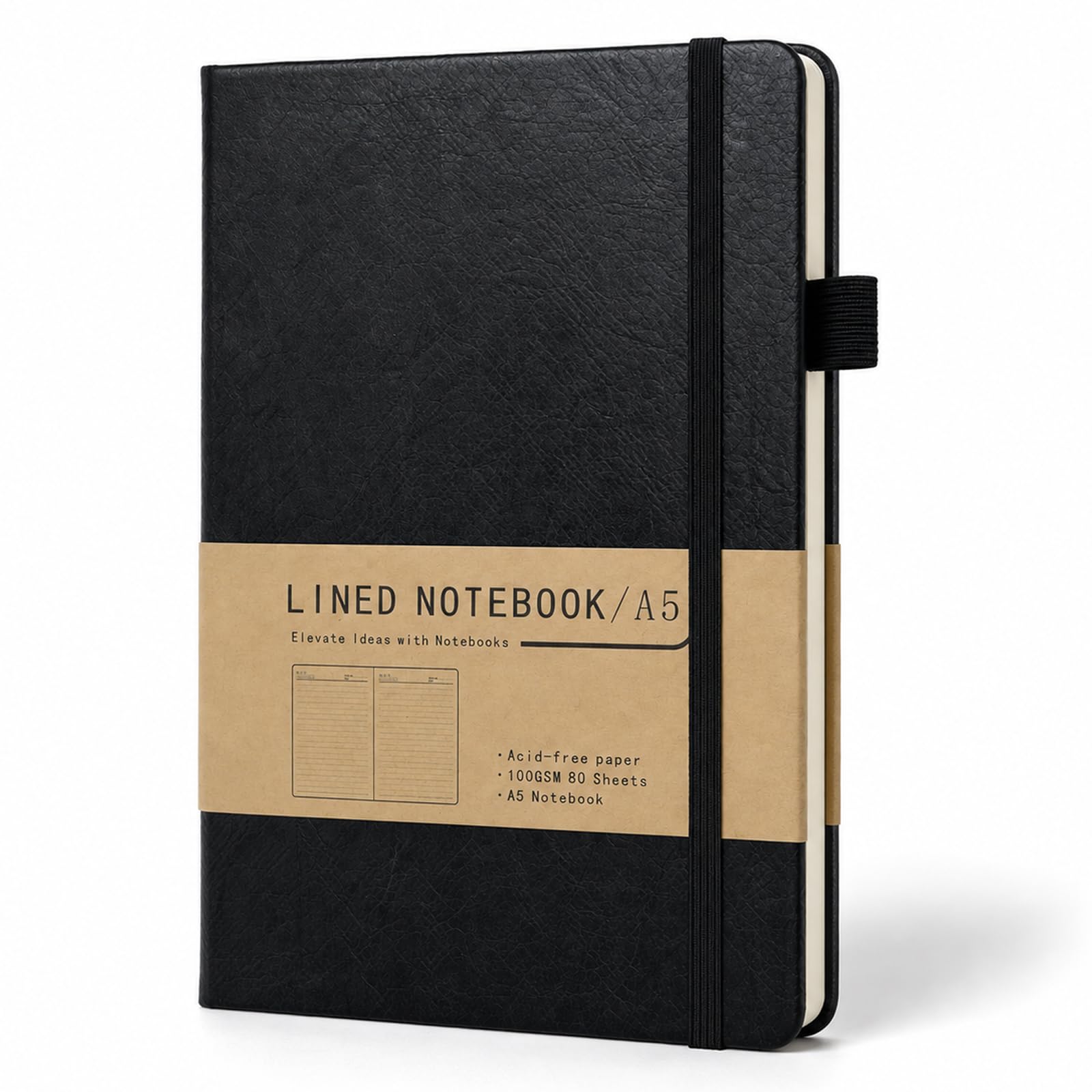 A5 Journal Notebook with Ruled Pages for Women & Men, 100GSM Thick Paper, Waterproof & Tear-resistant Cover, Elastic Closure & Pen Loop, Hardback Notebook for School, Office & Business Travel