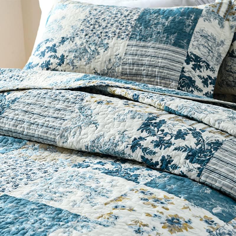 Miniatura 3 de VISIMISI Juego de colcha de algodón reversible colcha de retazos azul rústico floral tamaño queen
