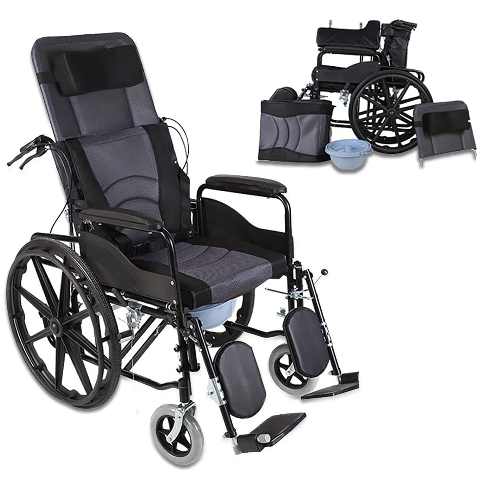Silla De Ruedas Reclinada Estándar, Silla De Ruedas De Transporte Plegable Portátil Reclinable Ligero con Reposabrazos Desmontable Y Reposapiernas Abatibles, para Discapacitados