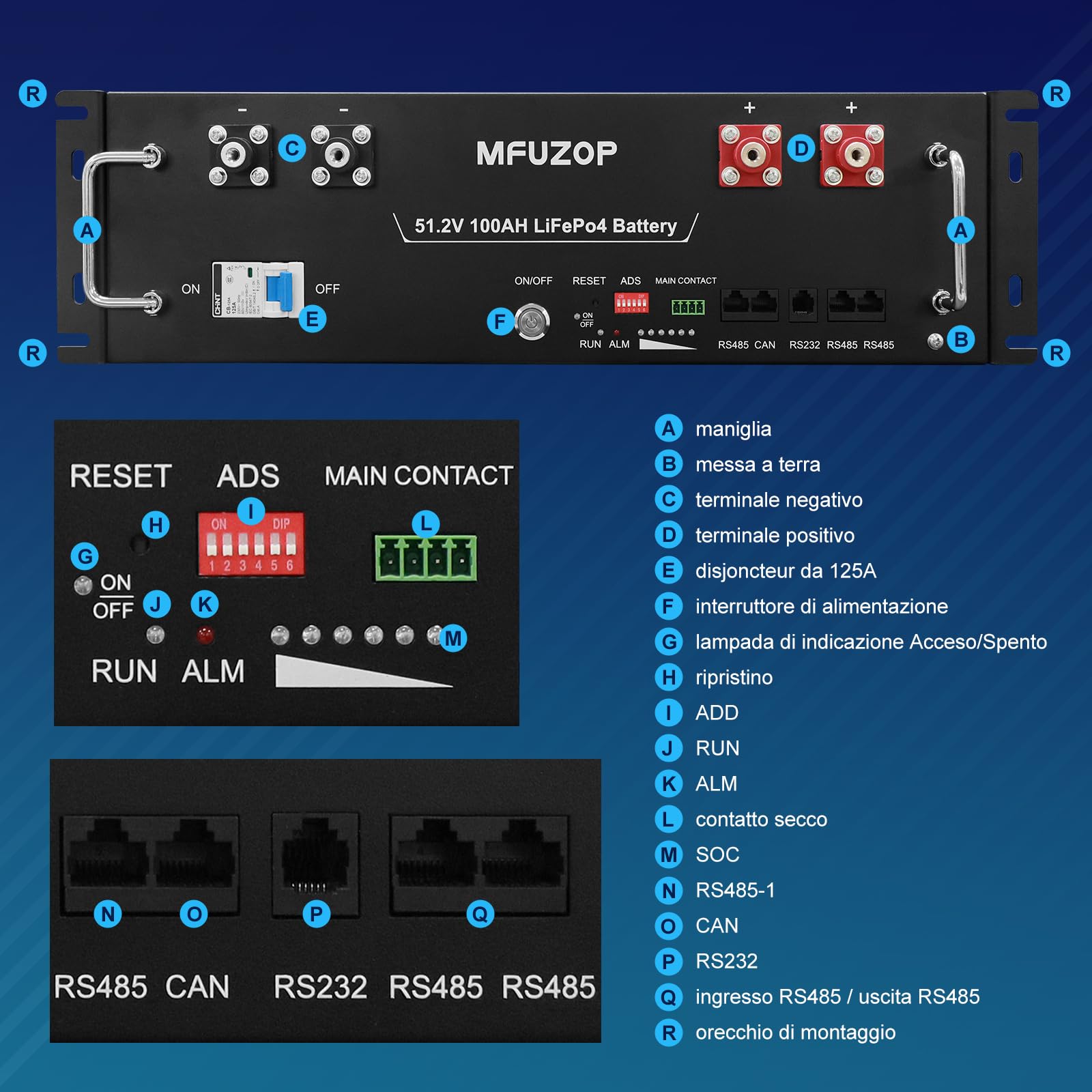 Batteria al litio LiFePO4 da 48V 100Ah 5.12kWh, BMS 100A, 3U Server Rack Batteria Supporto CAN&RS485 avec Bluetooth, 15000+ Cycles, pour Solaire, Camping-Car, Secours (48V 100Ah (1 Pack))