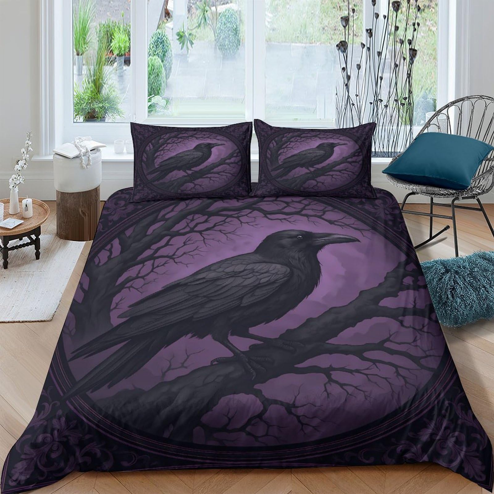 Ctjqhvkz Style-2 3D Printed Gothic Raven Fitted Sheet Microfiber Soft Purple Tree Mattress Cover For Bedroom Dorm Room Decor Single（135X200cm）
