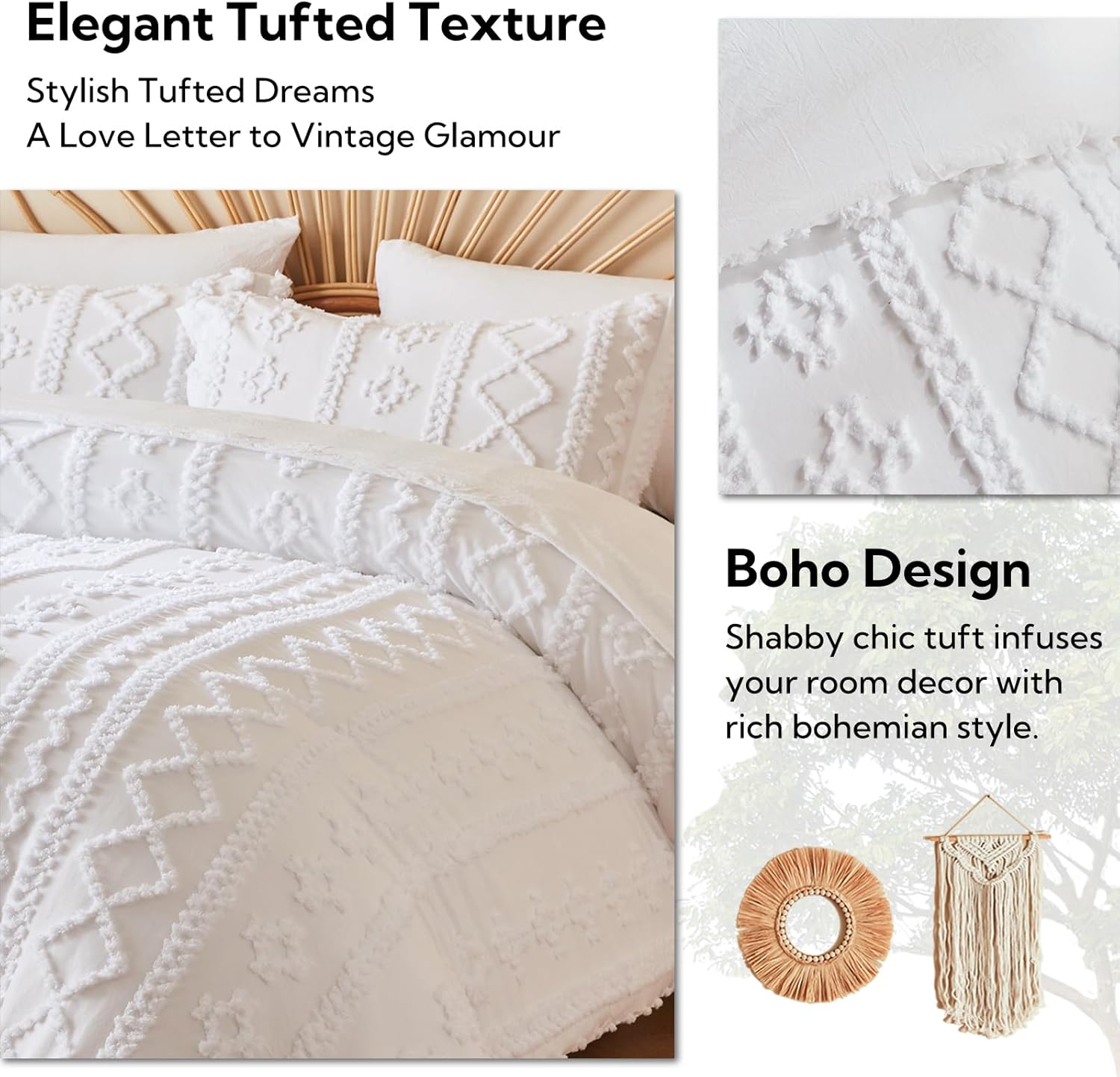 MR&HM Full Size Bed Sheets and Comforter Set White, 7 Pieces Tufted Boho Beddding Sets, Farmhouse Style Bed in a Bag with 1 Comforter, 2 Pillow Shams, 2 Pillowcases, 1 Flat Sheet, 1 Fitted Sheet - Image 6