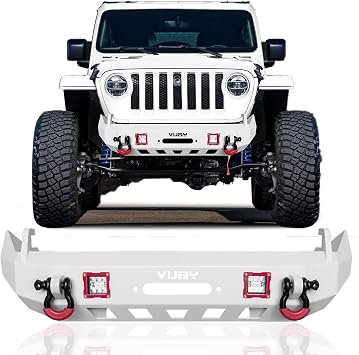 Front Bumper Black For 2007-2025 Wrangler JK/JKU/JL/JLU and 2020-2021-2022-2023-2024-2025 Gladiator JT with D-Rings and Lights White