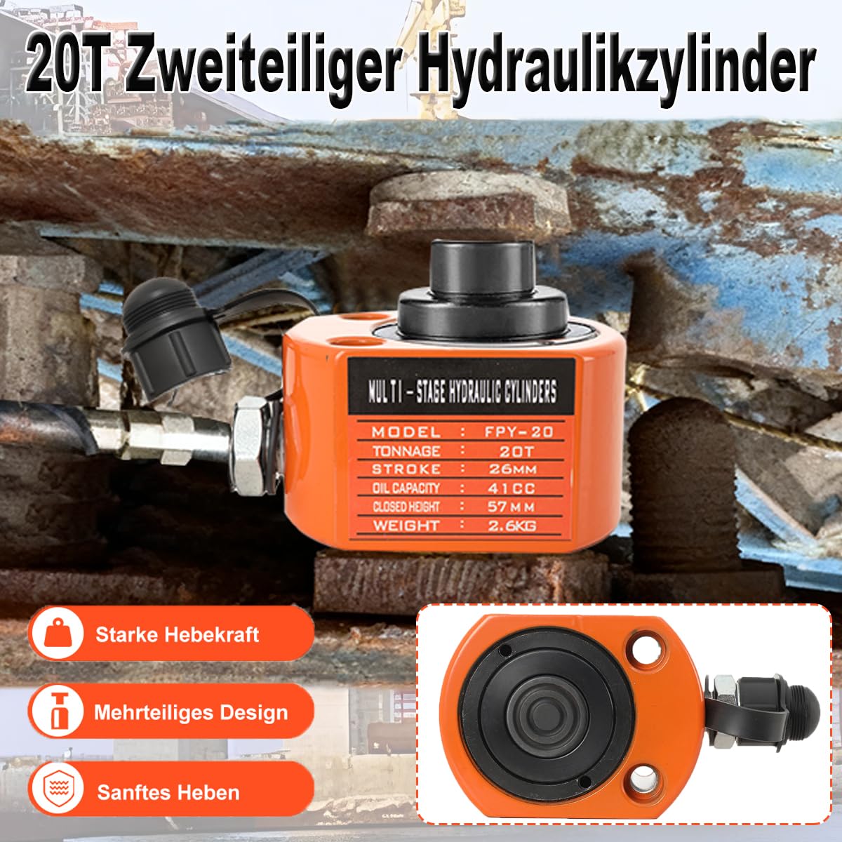 20T Zweiteiliger Hydraulikzylinder, 26mm Hub 57mm Eigenhöhe, 41cc Hydraulische Hubzylinder Industrieheber für den Maschinenbau