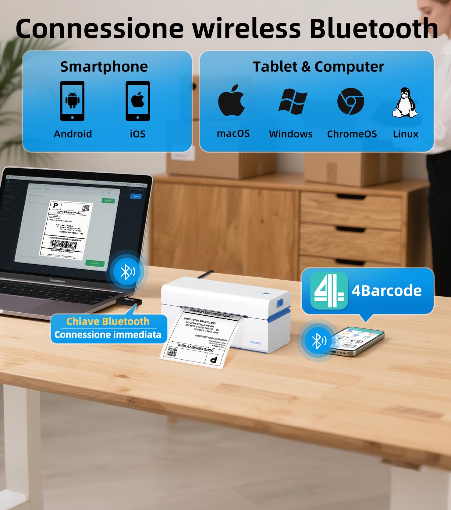 ORGSTA stampante etichette adesive termica etichettatrice spedizione bluetooth per cellulare e PC personalizzate mini stampa macchina