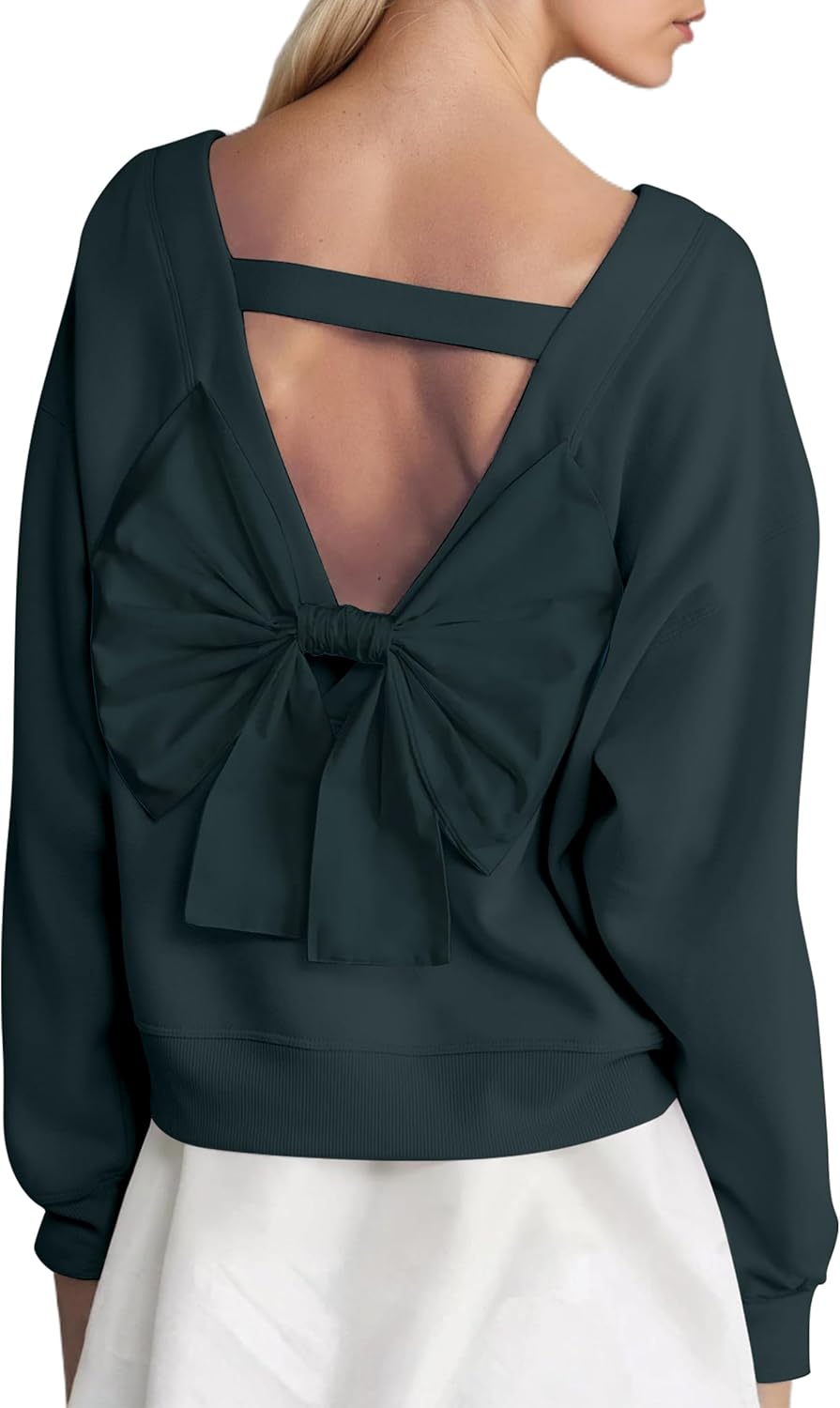 Ythomm Women Crewneck Bow-back Sweatshirt V Cutout Back Long Sleeve Fleece Pullover Tops Fall Cute Aesthetic Sweatshirts