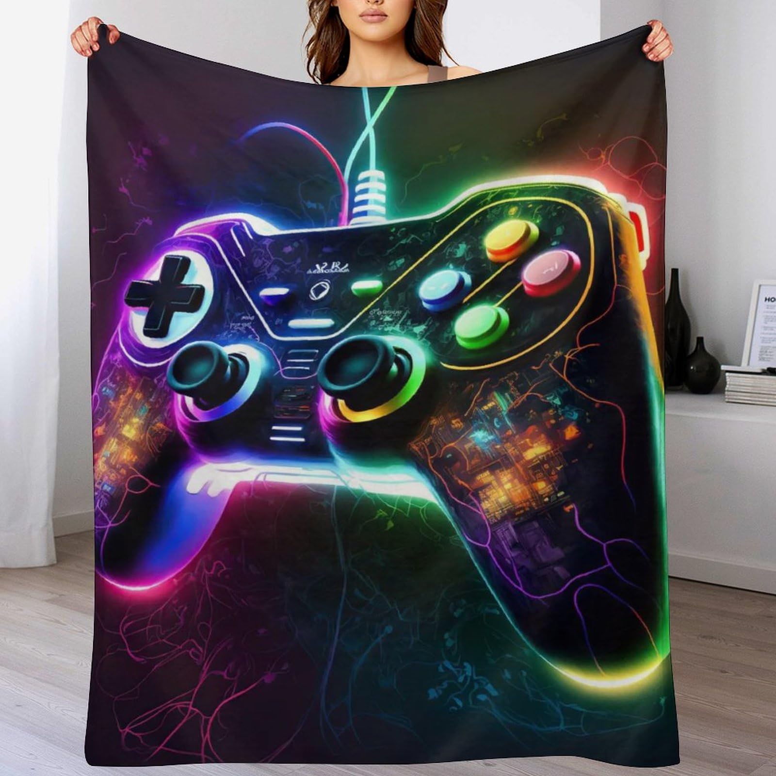 Manette de jeu plaid néon pour des soirées gaming cocooning sur le canapé