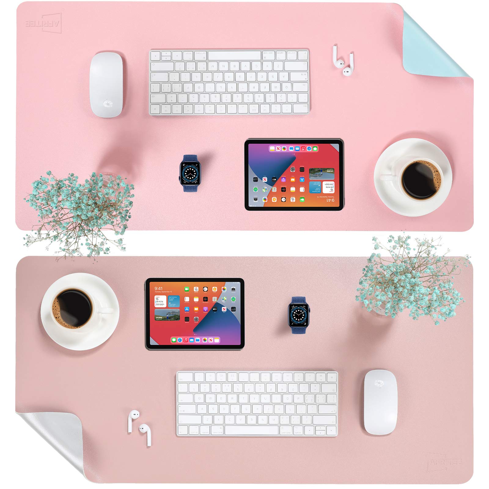AFRITEE Desk Pad Protector Mat - Rose Pink/Silver, 31.5" x 15.7" & Light Blue/Baby Pink, 31.5" x 15.7"