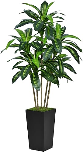 Árbol de Dracaena artificial de 5 pies, árbol sintético con maceta alta negra, planta de suelo de yuca tropical falsa en maceta, árbol de seda