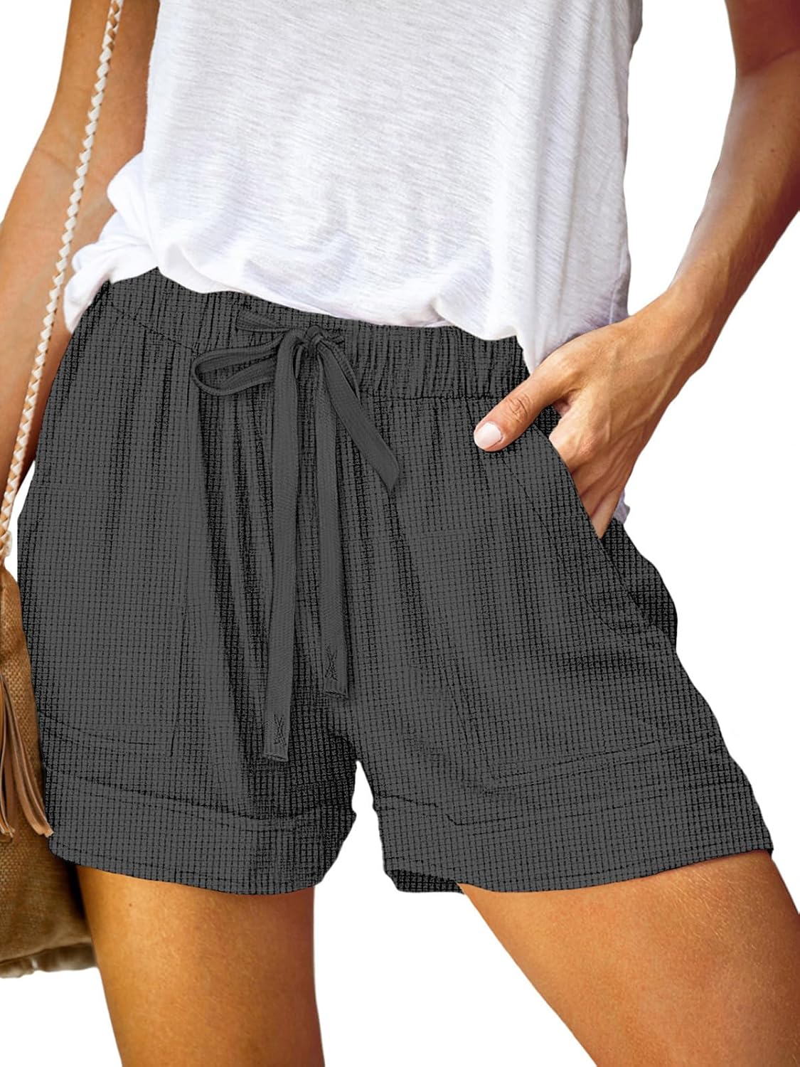 Womens Shorts Drawstring Dressy Casual Elastic Waist Trendy Summer Athletic Comfy Ladies Cotton Shorts with Pockets