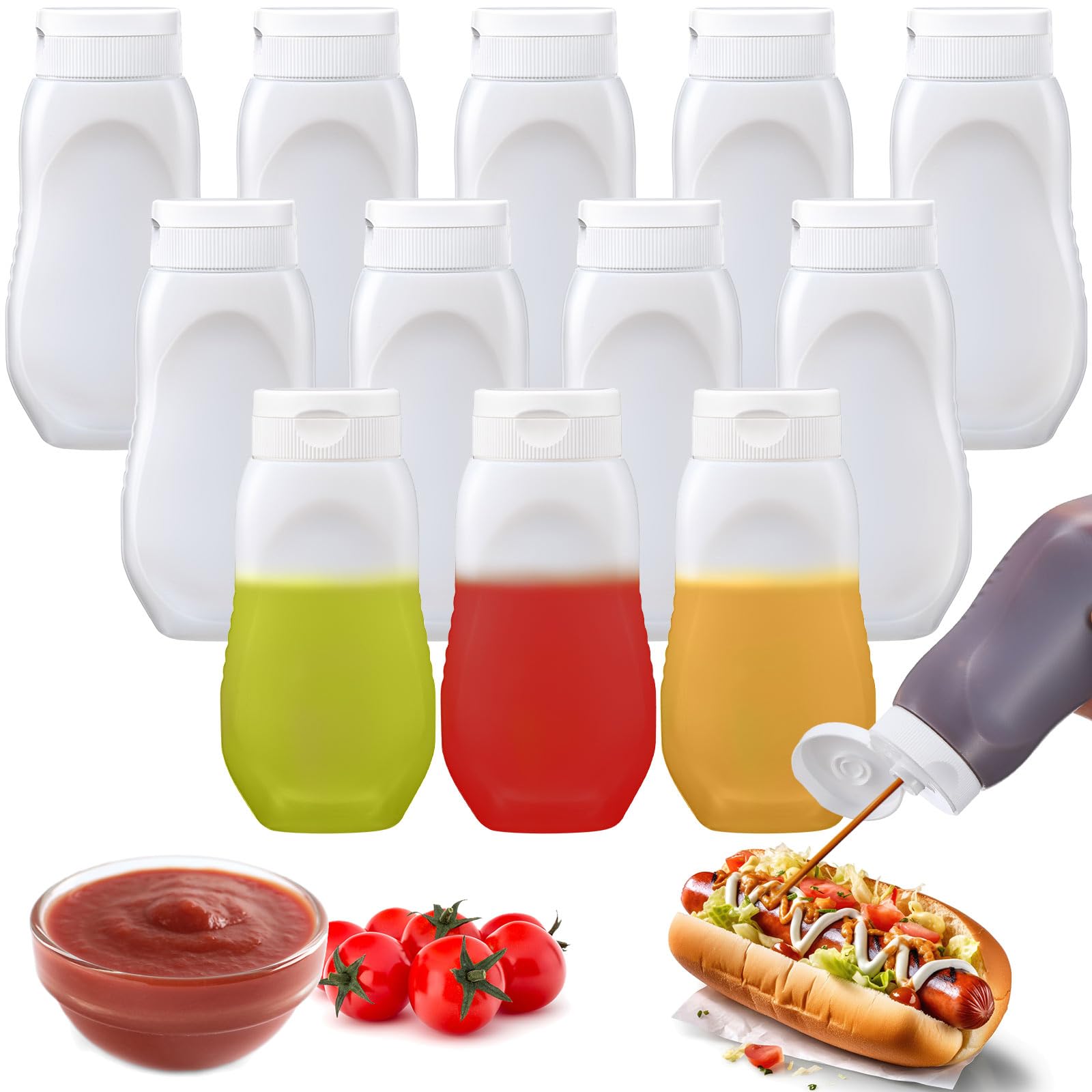 Potchen 12 Pieces Condiment Squeeze Bottles 11 Oz Hot Sauce Bottles Squeeze Container Clear Plastic Olive Oil Dispenser for Condiments, Sauces, Dressings, BBQ, Ketchup