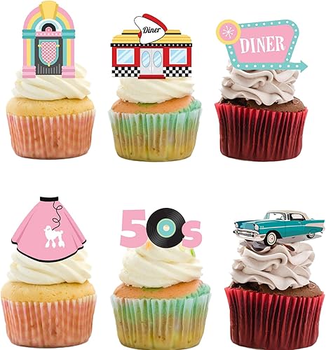 Miniatura 2 de 18 piezas de decoración de cupcakes de discoteca de los años 50 para niños y adultos, jukebox de los años 50, Dinero de soda, Shoppe Rock and Roll