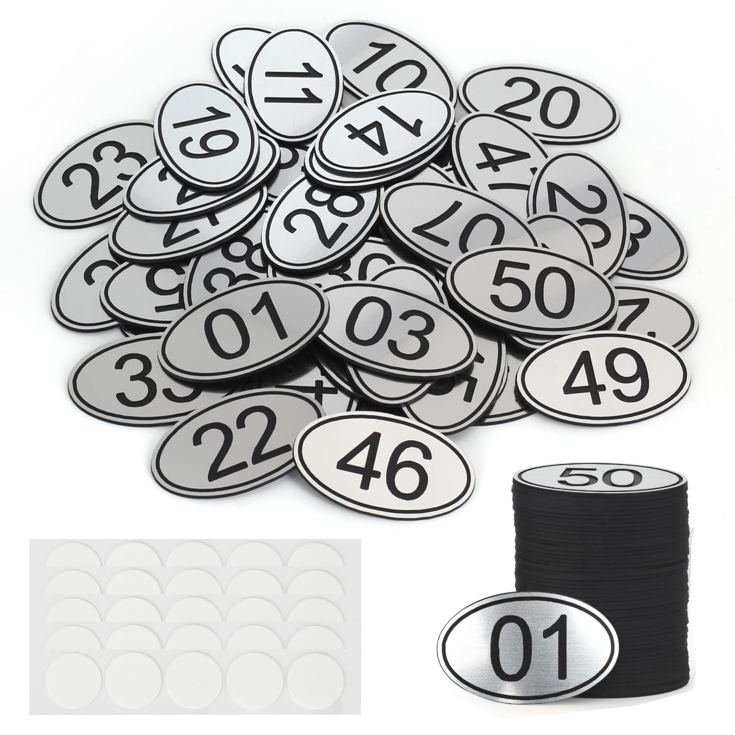 Set di 100 targhette per armadietti con numeri ovali in ABS, incisi, argentate, con nastro biadesivo, da 1 a 100