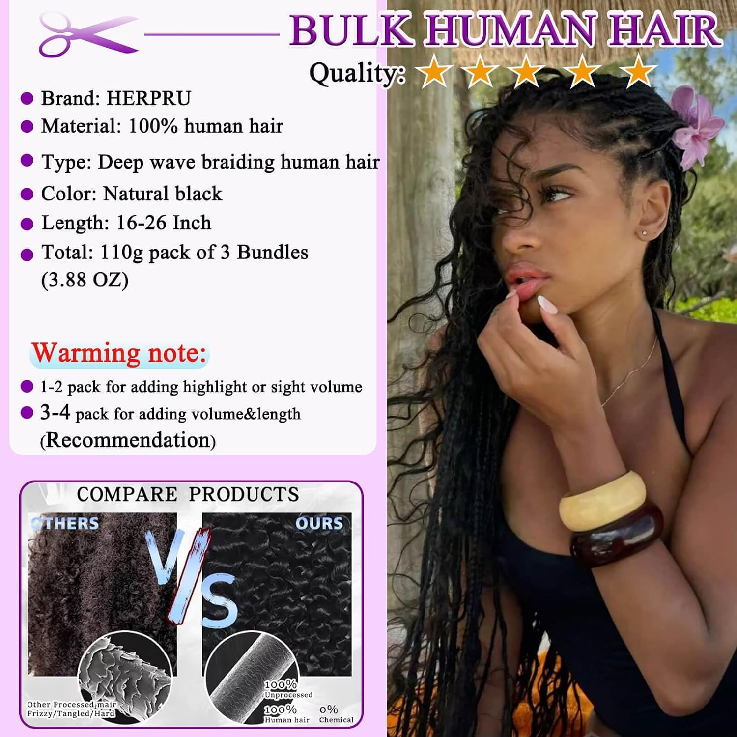 Human Braiding Hair for Boho Braids Human Knotless Hair 110g 20 Inch Bulk Human Hair Deep Wave Bundles Wet and Wavy 12A Boho Human Hair for Braiding Curly Hair Extensions Bulk Bohemian 3 Bundles/Pack