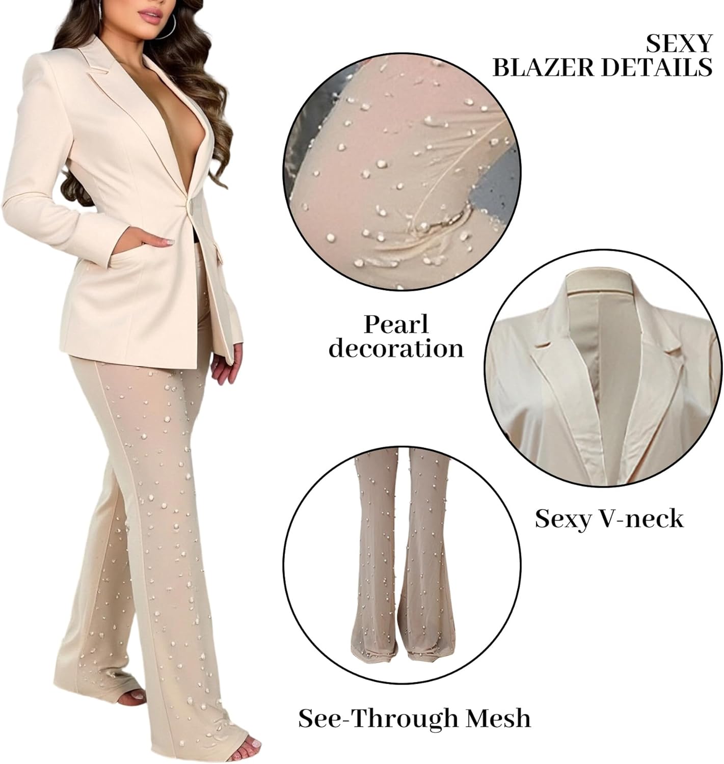 LKOUS Women's Sexy Blazer Pants Set V Neck Mesh Beading High Waist 2 Piece Outfit for Night Out Club Party