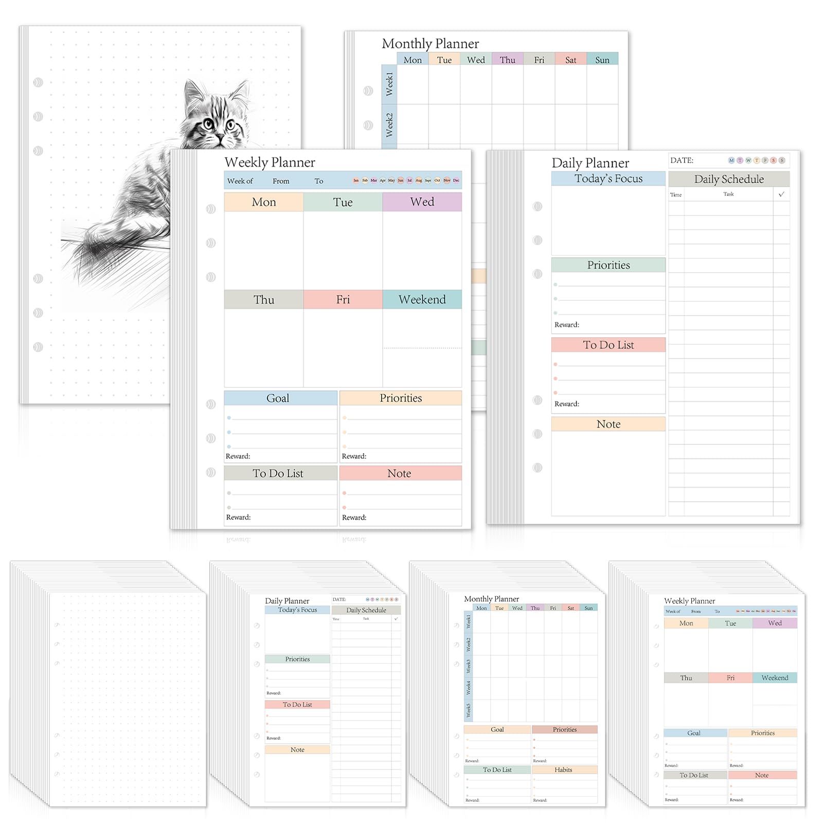 ADHD A5-Planer-Nachfüllseiten, Planer-Einsätze, täglich, wöchentlich, monatlich, 120 Blatt/240 Seiten für 6-Ringbuch, undatierte Planer, Nachfüllpackungen, buntes To-Do-Listen-Nachfüllpapier, 120 g/m²