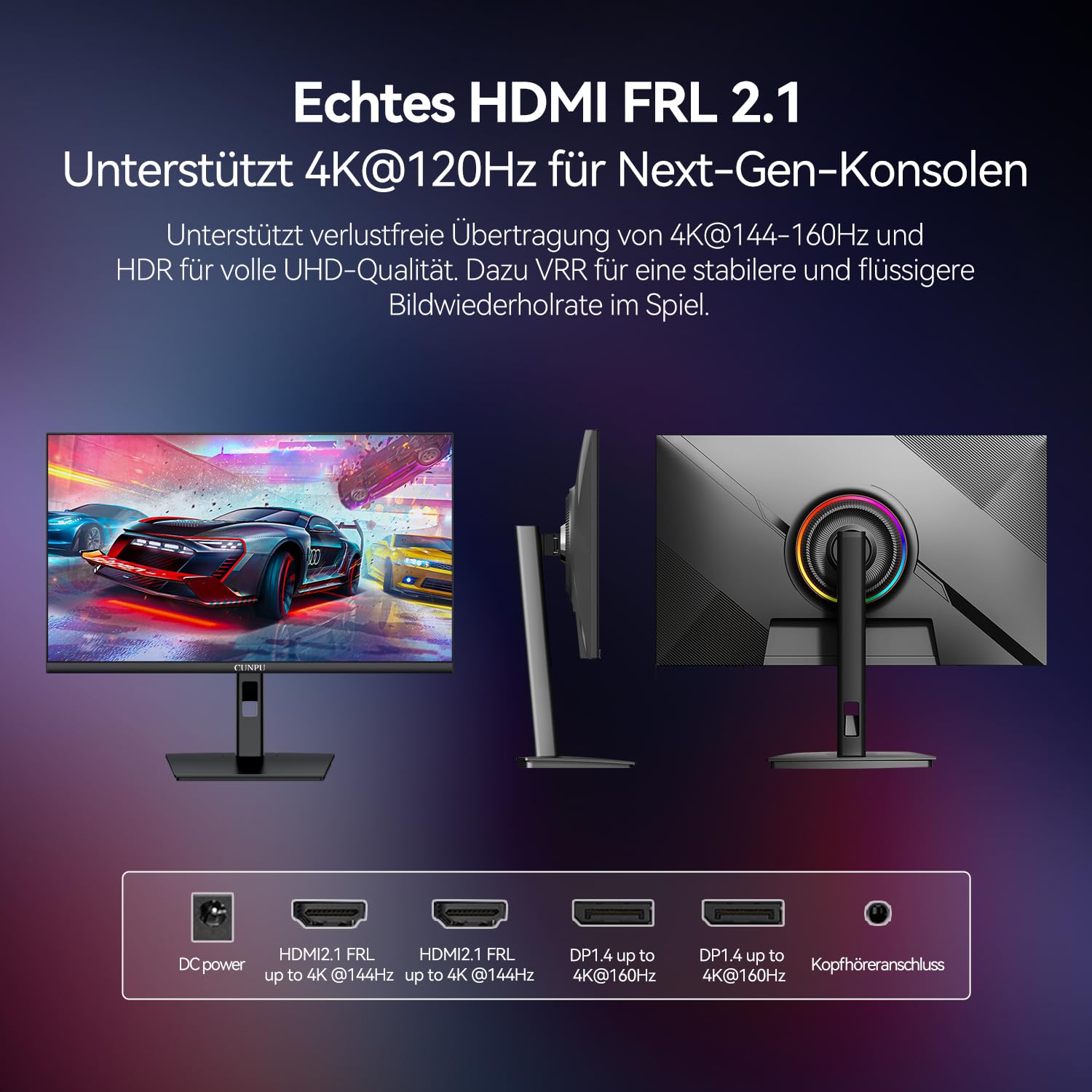 CUNPU 27 Zoll 4K Monitor 160Hz, 100% DCI-P3 100% AdobeRGB,1ms Fast IPS, HDR400, Höhenverstellbar, 135% sRGB, 100% AdobeRGB & DCI-P3, 2X HDMI 2.1 & 2X DP 1.4, DeltaE<2, Augenfreundlich