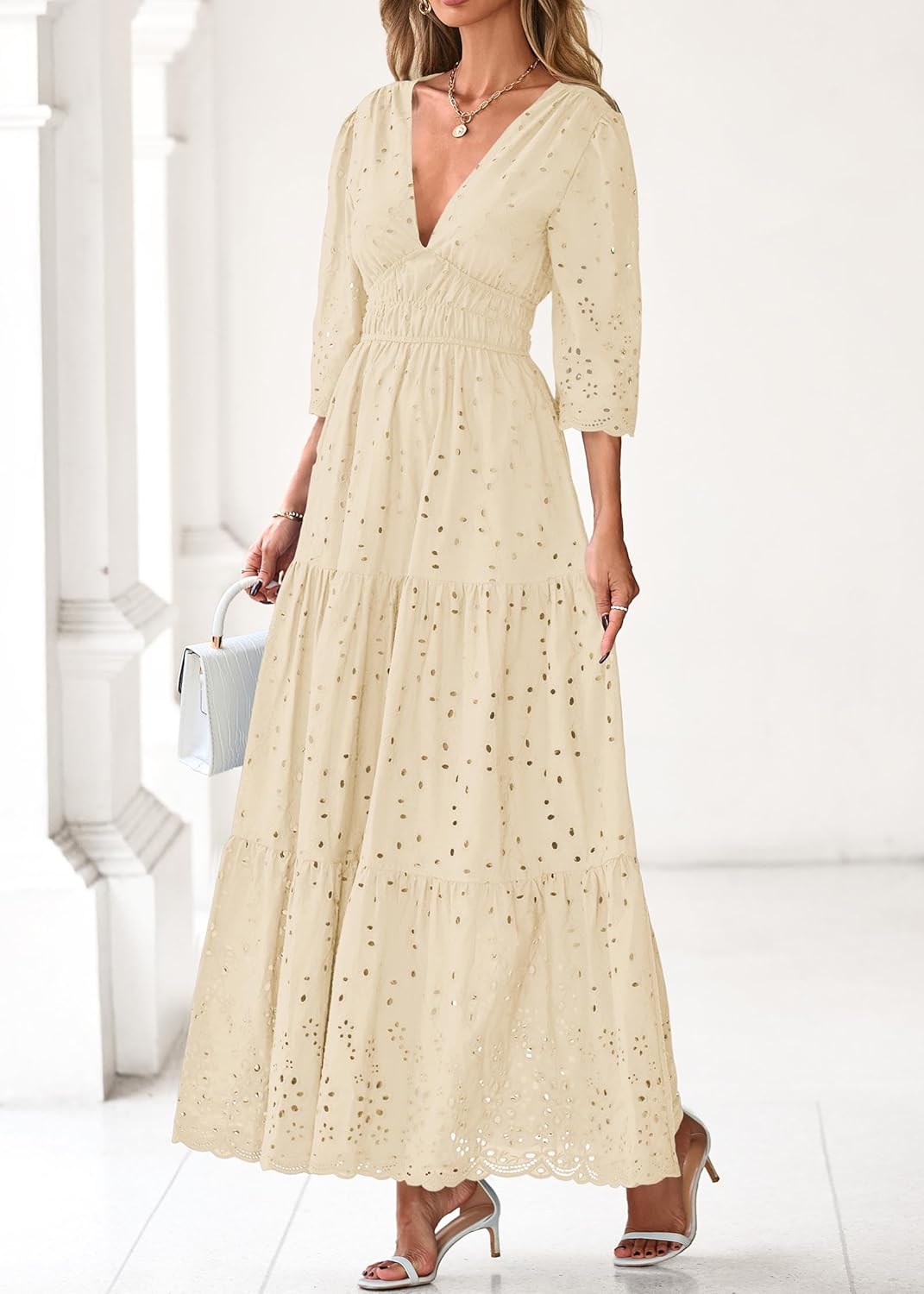 Lazysmile Long Sleeve Dresses for Women V Neck Hollow Out Eyelet Ruffle Swing A-Line Fall Vacation Boho Maxi Dress - Image 7