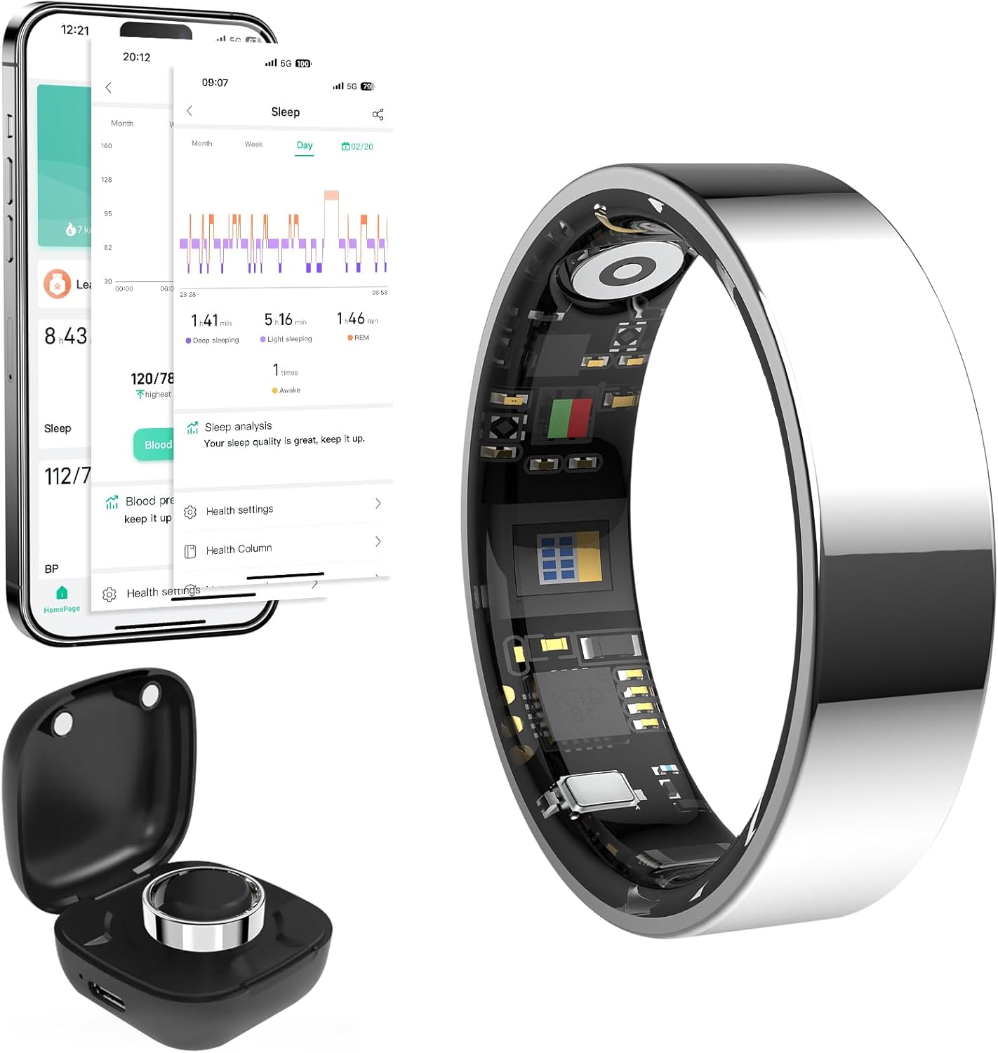 2025 Smart Ring Health Tracker with Blood Pressure Monitor, IP68 Waterproof Health Ring for Blood Oxygen Heart Rate SpO2 Sleep Monitor, Bluetooth Connect Fitness Ring for Multi-Sports Tracking