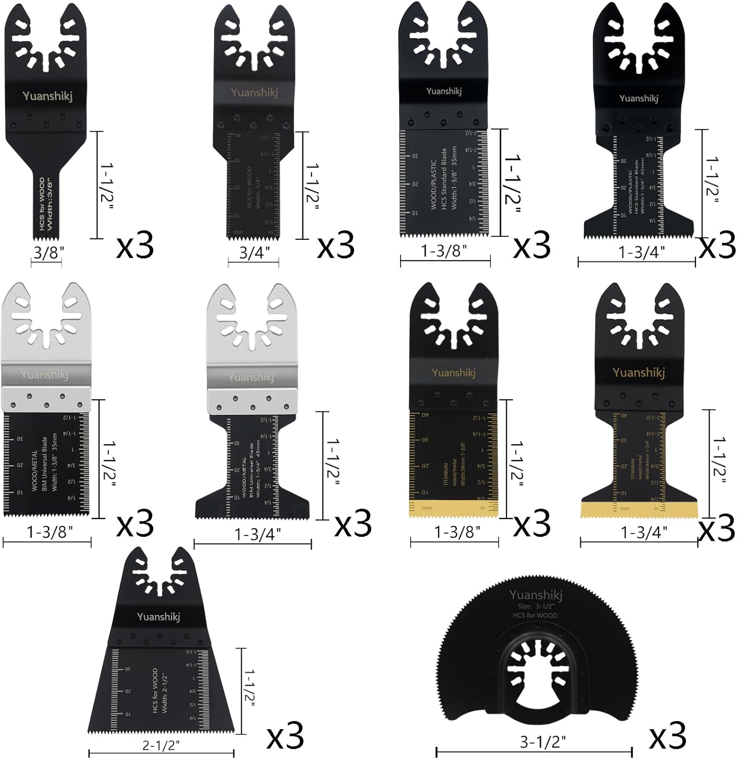Yuanshikj 30PCS Mix(Titanium+Bi-Metal) Metal Wood Plastics Universal Oscillating Multitool Saw Blades,Oscillating Tool Blade,Professional Quick Release Durable,Multi Tool Blades Kits