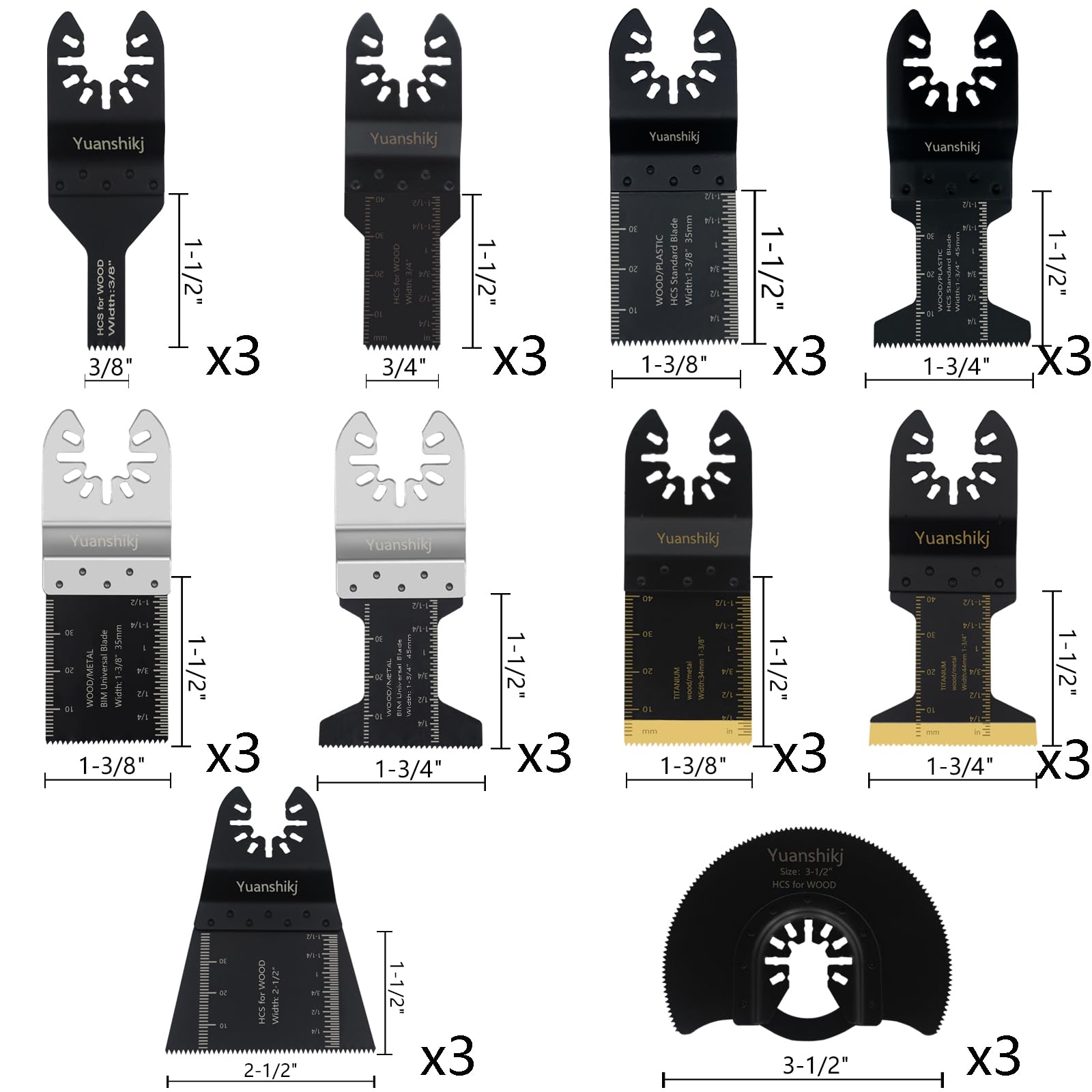 Yuanshikj 30 piezas mixtas (titanio + bimetal) metal madera plásticos universal oscilante multiherramienta hojas de sierra oscilante hoja profesional liberación rápida duradera herramienta oscilante