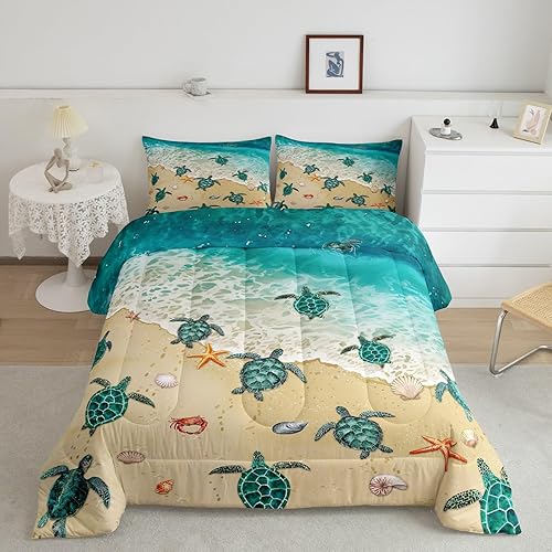 Juego de edredón de tortuga marina verde, océano, Hawaii, playa, tropical, juego de ropa de cama para niños, edredón acolchado de tortuga, estrellas