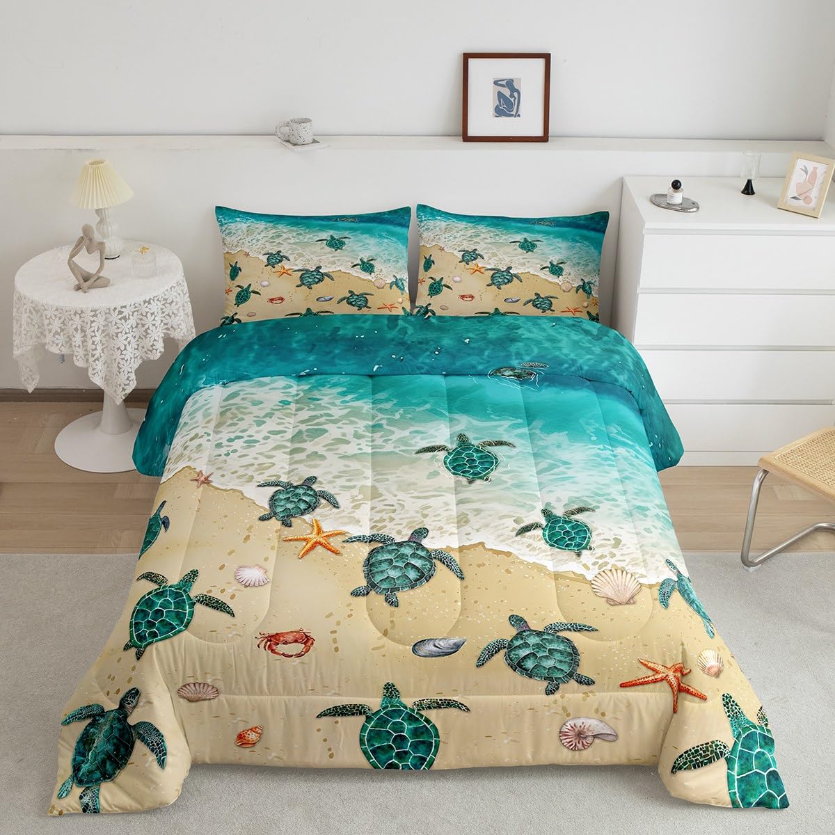 Green Sea Turtle Comforter Set Ocean Hawaii Beach Tropical Bedding Set for Teens Boys,Tortoise Sea Waves Down Comforter Starfish Conch Coastal Creature Duvet Filler Nautical Sea Animal Room Decor Full