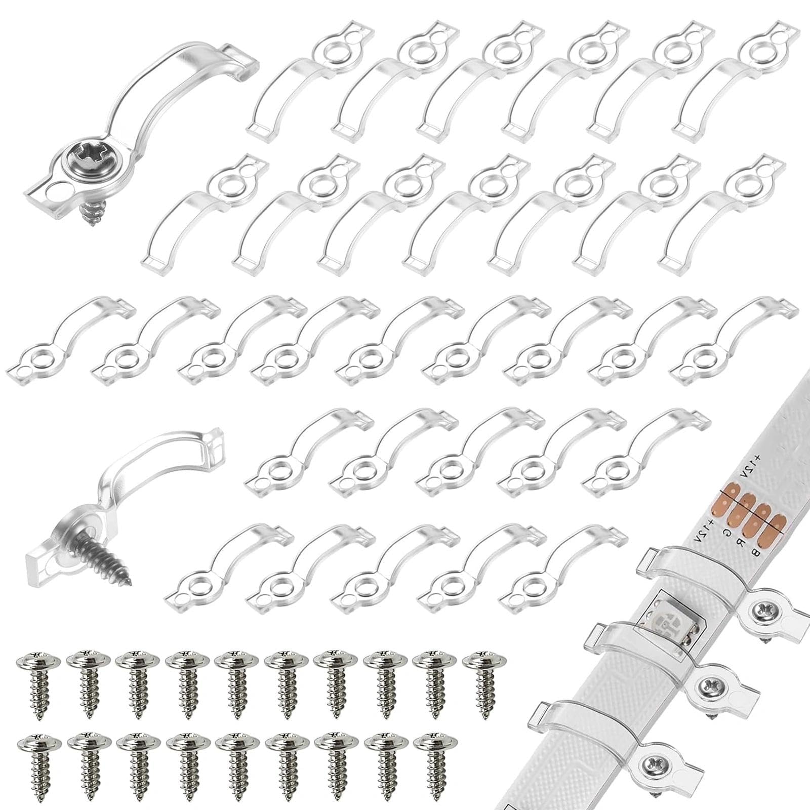 Dryxog 100x10mm and 100x12mm LED Strip Light Clips, Clip Light, Clip Lights, Stick On Cable Clips, Wire Wall Fixing Bracket, 200Pcs Screws Included Clear Mounting Kit for DIY Projects (Transparent)