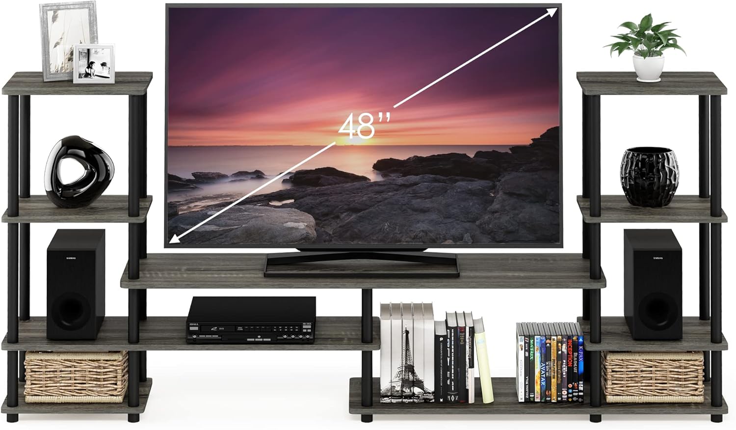 Furinno TURN-N-TUBE TV Stand, Wide Open Frame Entertainment Center with Open Shelves Storage, TV Console with Tall Side Shelves for TV up to 48 Inch, for Living Room, Bedroom, French Oak - Image 2